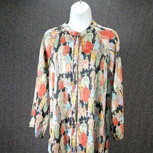 Natori Silk Shirt Dress with Vintage Asian Figure Print